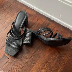 Square Toe Black Wicker Heels